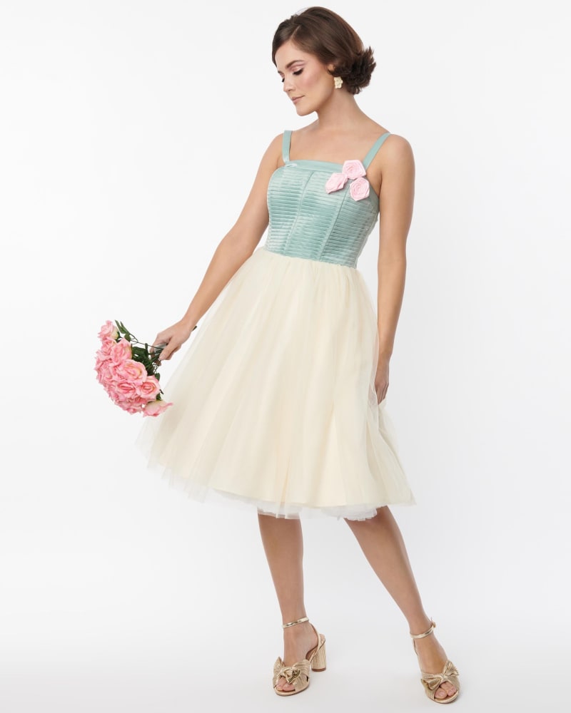Front of a model wearing a size L Unique Vintage Sage & Ivory Tulle Swing Dress in Green, White by Unique Vintage. | dia_product_style_image_id:310209